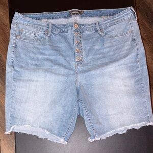 #T907- Torrid Bermuda Denim Jean Shorts with Button-up Front and Frayed Hem -24W